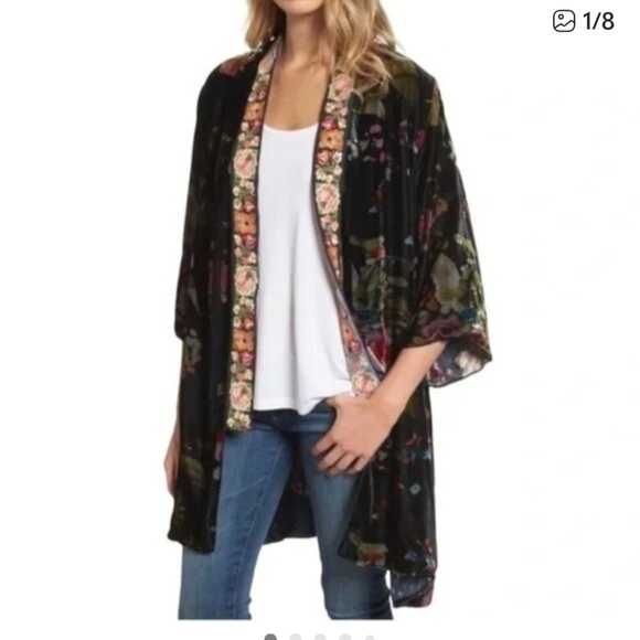 Johnny Was Black Velvet Floral Kimono with Orange Embroidered Trim - Picture 13 of 13